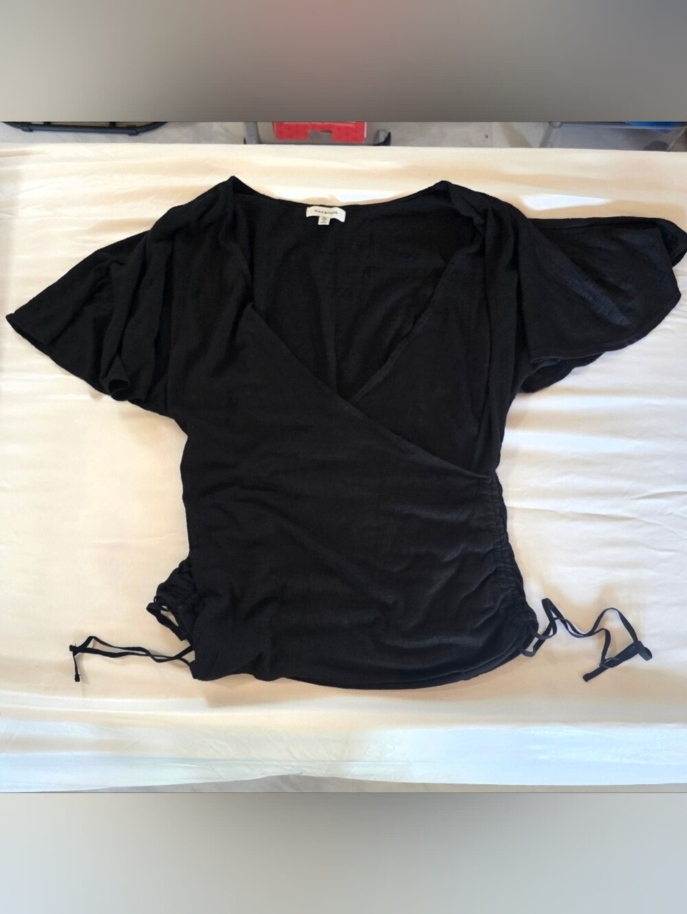 Max Studio V Neck Rouched Sides Black Viscose Top Blouse T Shirt XL
